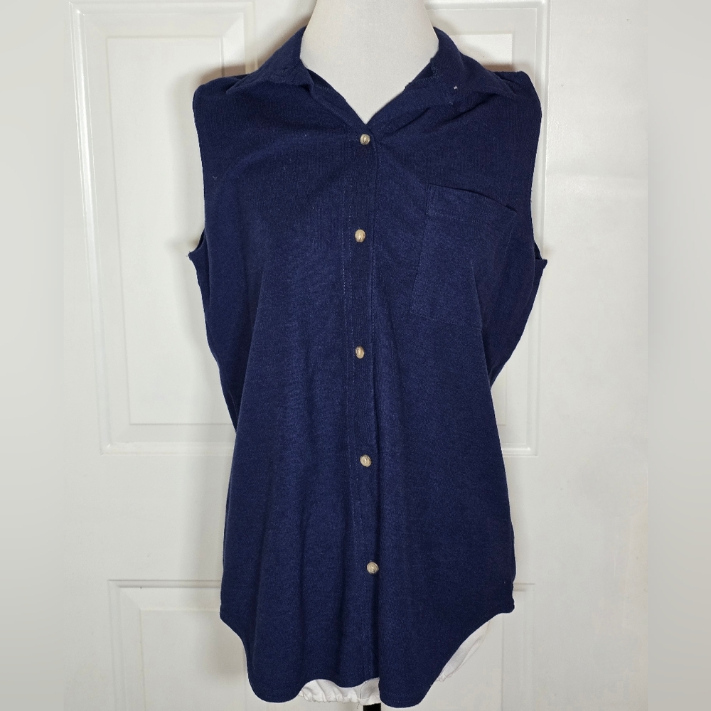 Kathy Ireland Dark Blue Sleeveless Polo Button-Down Shirt